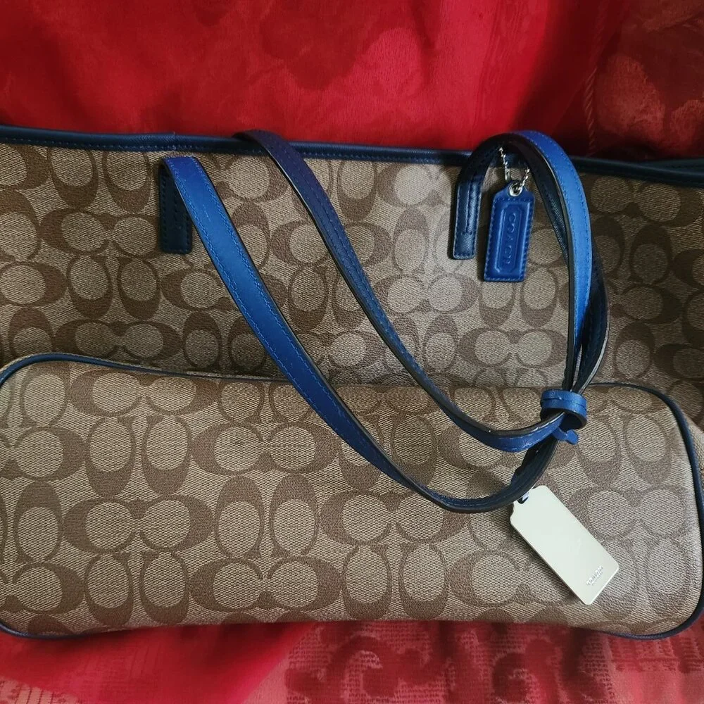 Coach Tan Signature Canvas Tote with Blue Trim - Picture 8 of 11